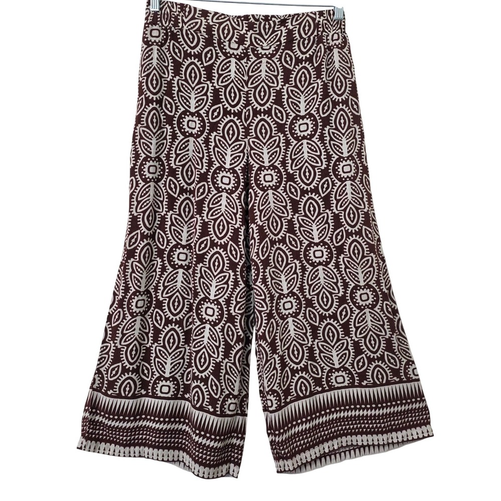 Rose + Olive‎ Resort Wide Leg Cropped Pants Sz L Boho Floral Print Beach Palazzo